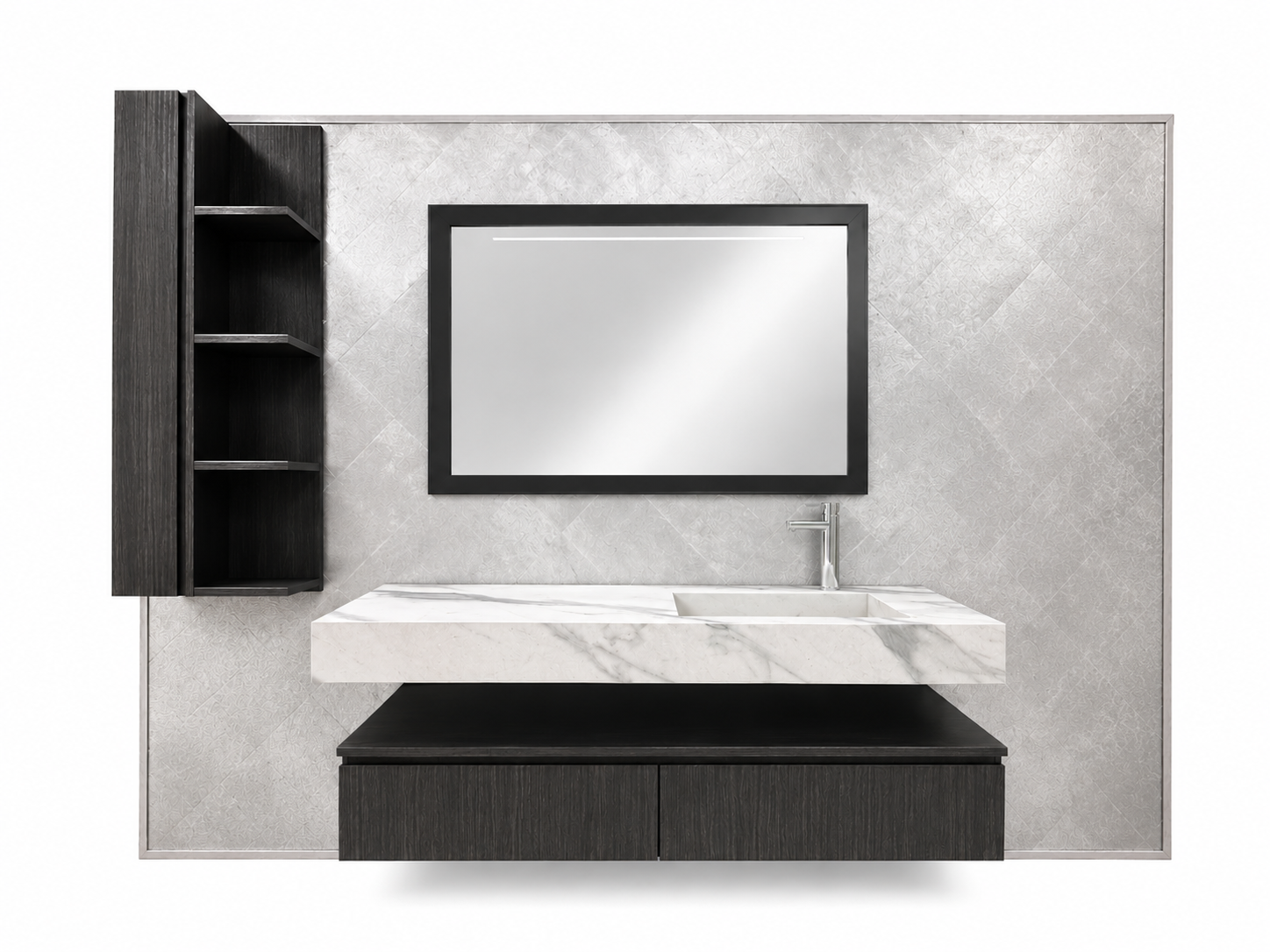 Mobile bagno moderno con ante nere, lavabo bianco e specchio a parete accanto a una mensola nera.