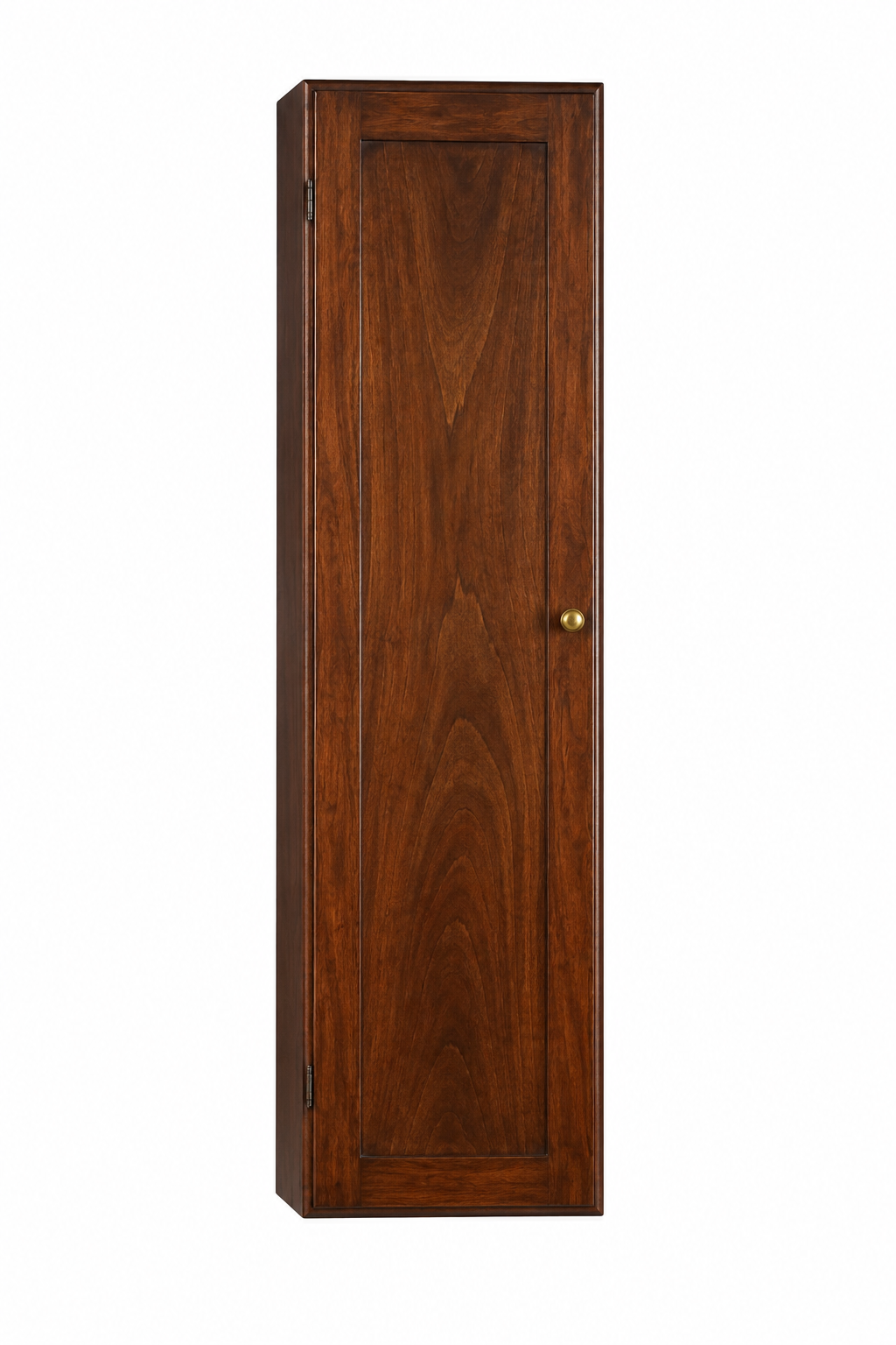 Mobile alto in legno con un'unica anta e pomello in ottone su sfondo bianco.