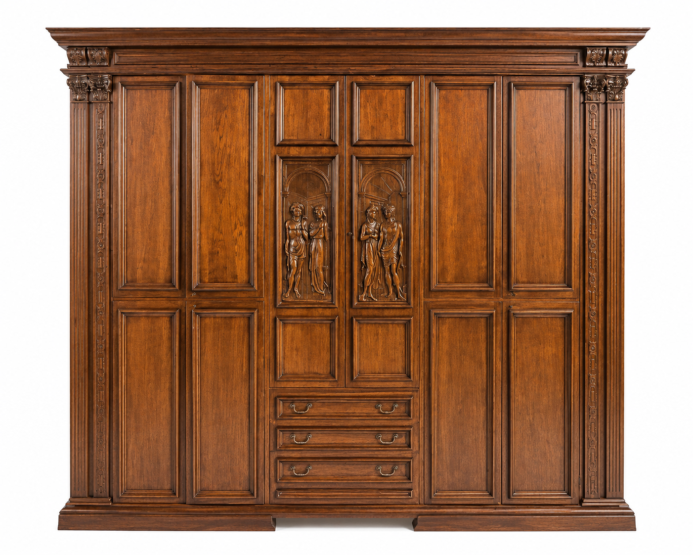 Elegante armadio in legno scuro con colonne intagliate, ante a pannelli e piccoli cassetti centrali.