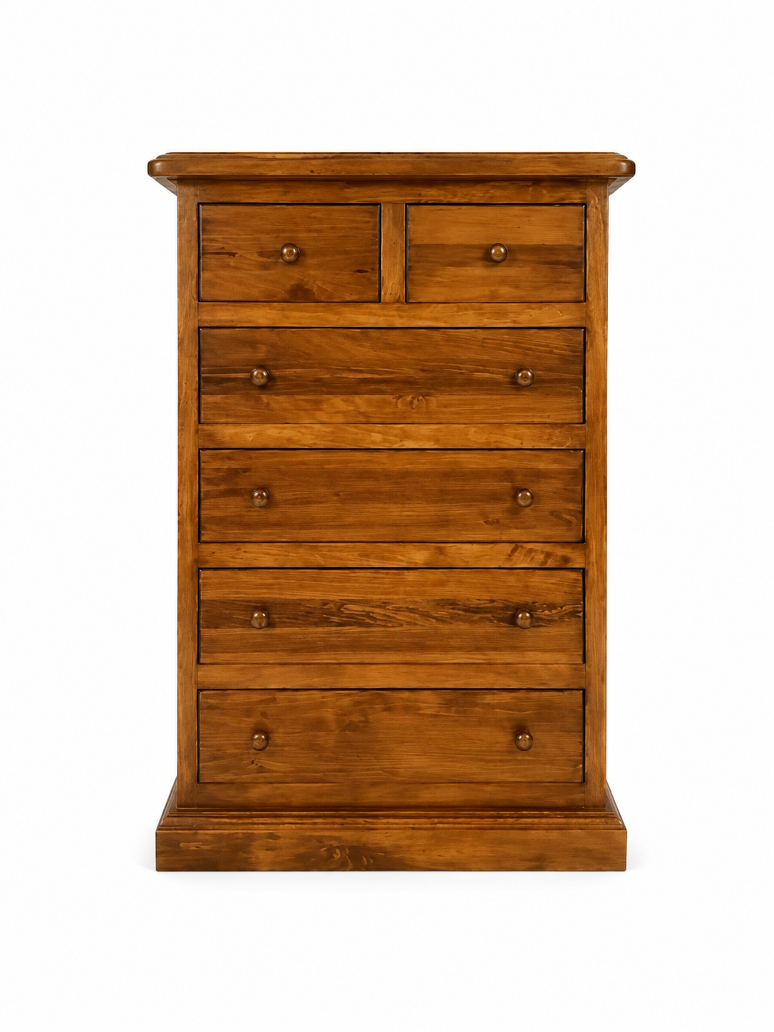 Cassettiera in legno con due piccoli cassetti superiori e quattro cassetti più grandi, vista frontale su sfondo bianco.