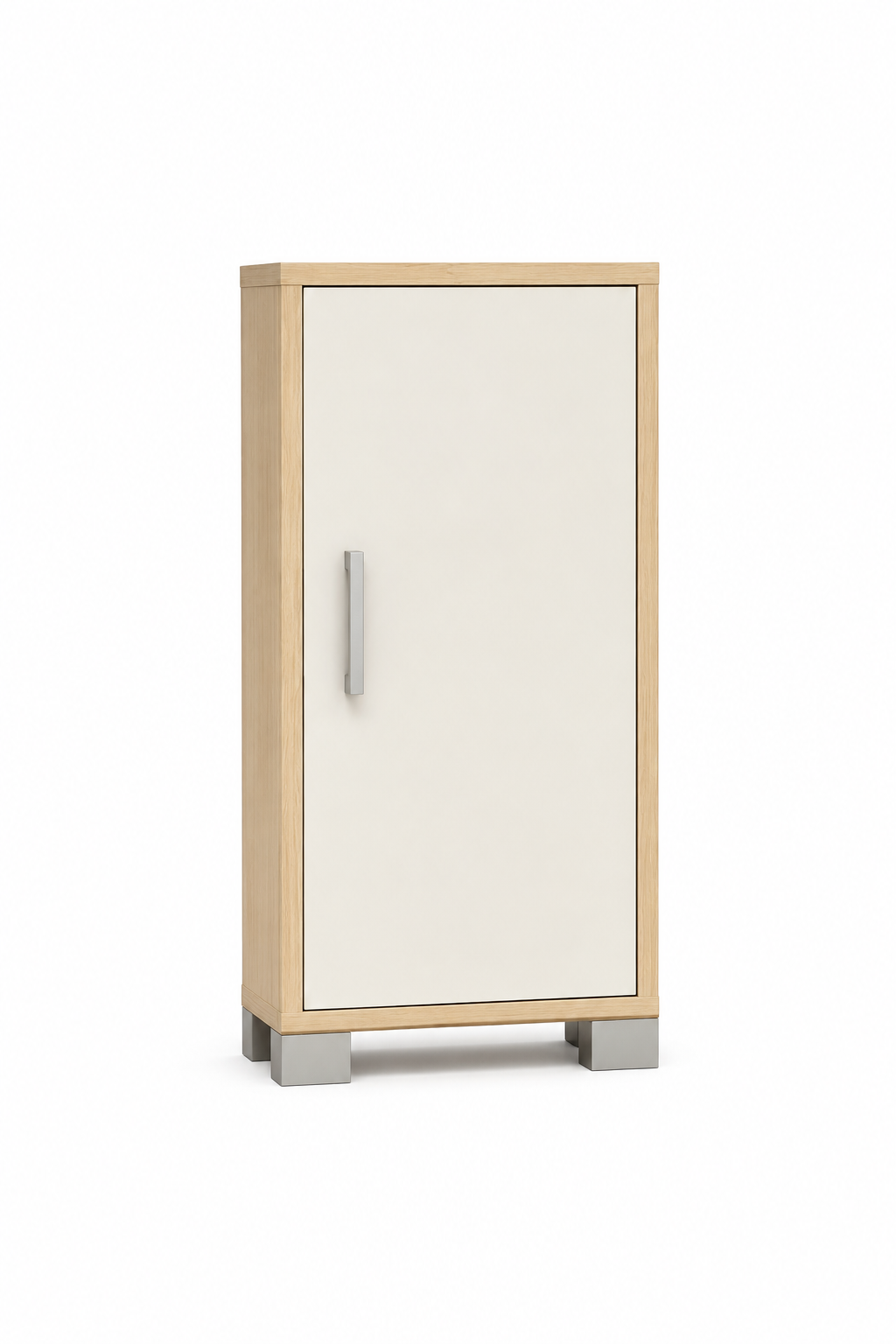 Mini frigorifero moderno bianco con finiture in legno chiaro e maniglia argentata, su sfondo bianco.