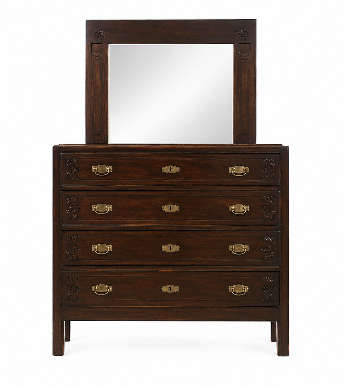 Cassettiera in legno scuro con quattro cassetti e un grande specchio sulla parte superiore, isolata su sfondo bianco.