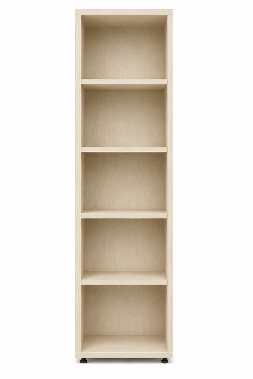 Libreria alta in legno beige con quattro ripiani su sfondo bianco.