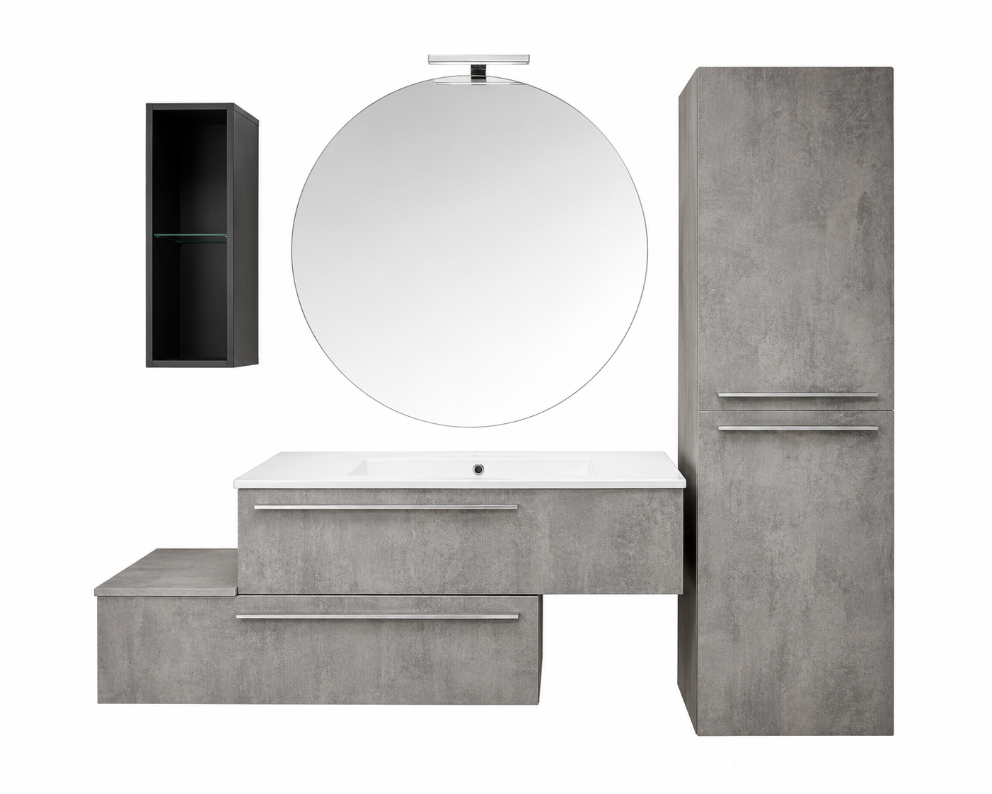 Mobile bagno moderno di colore grigio con specchio rotondo, mobiletto alto, cassettiera e ripiano a giorno.