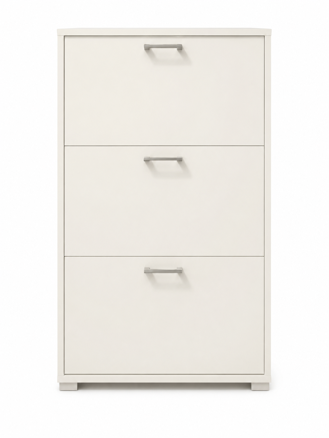 Mobile schedario bianco a tre cassetti con maniglie argentate e design moderno.