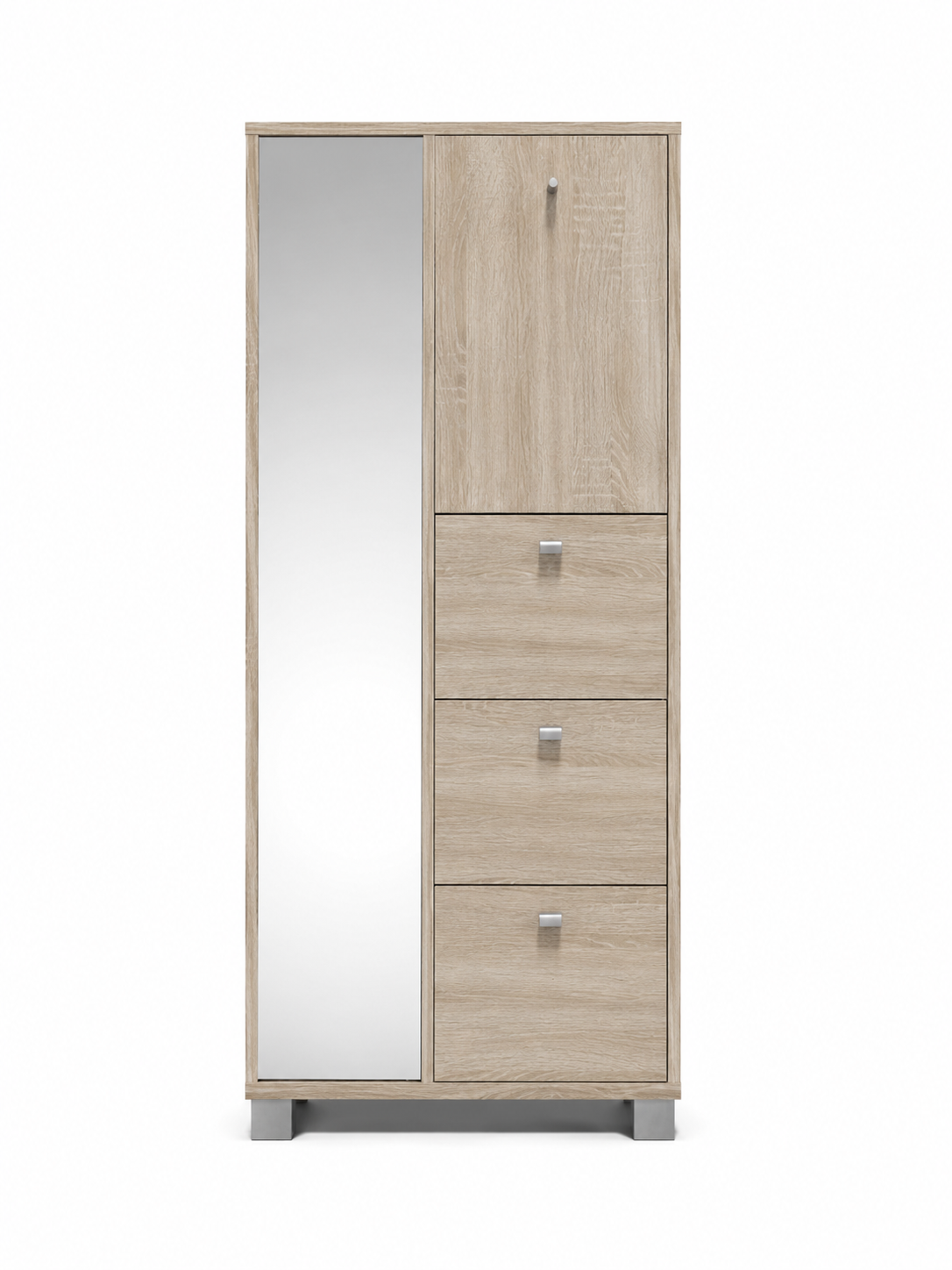 Mobile alto in legno chiaro con specchio a figura intera e tre cassetti su base grigia.