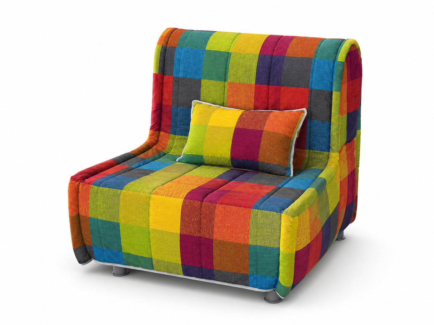 Sedia imbottita con un patchwork colorato e un piccolo cuscino abbinato su sfondo bianco.
