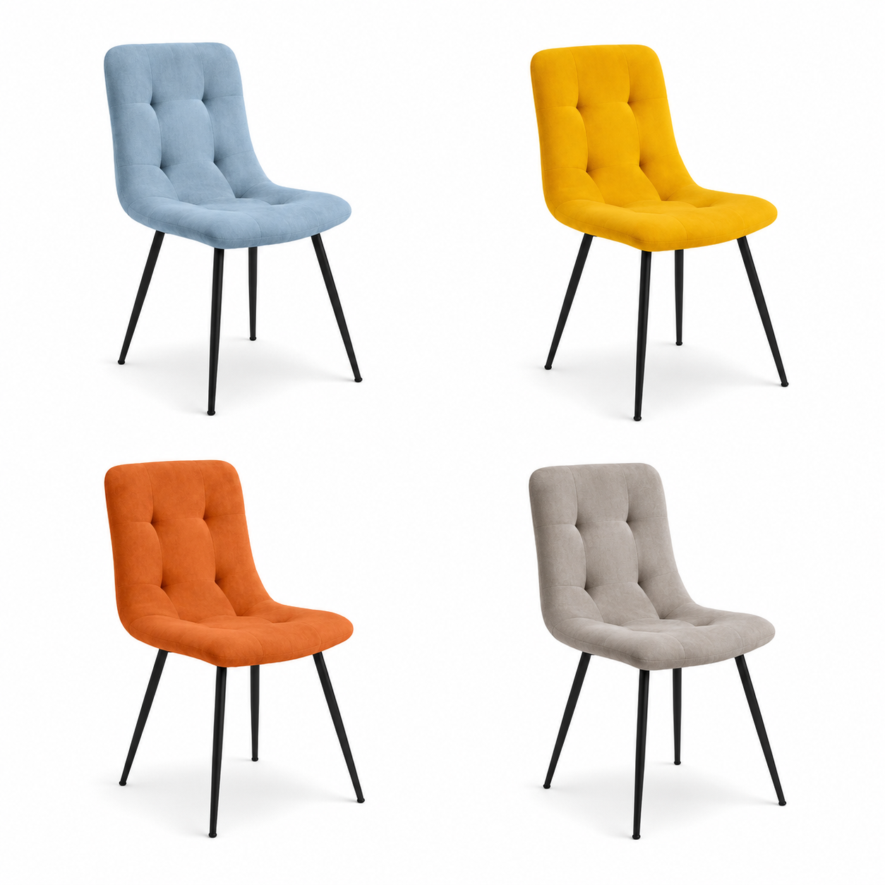 Quattro sedie da pranzo imbottite nei colori azzurro, giallo, arancione e beige con gambe nere su sfondo bianco.
