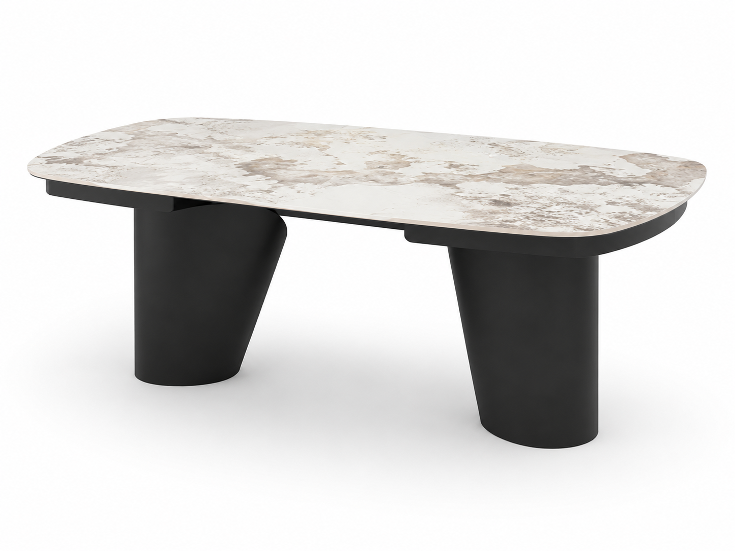 Tavolino basso moderno con piano in marmo bianco e gambe cilindriche nere.