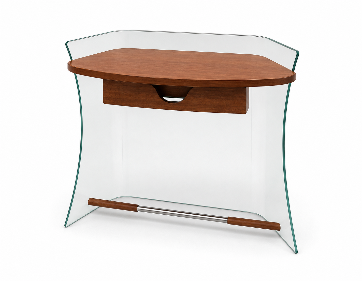 Tavolino laterale in vetro curvato con piano in legno, cassetto e ripiano inferiore.