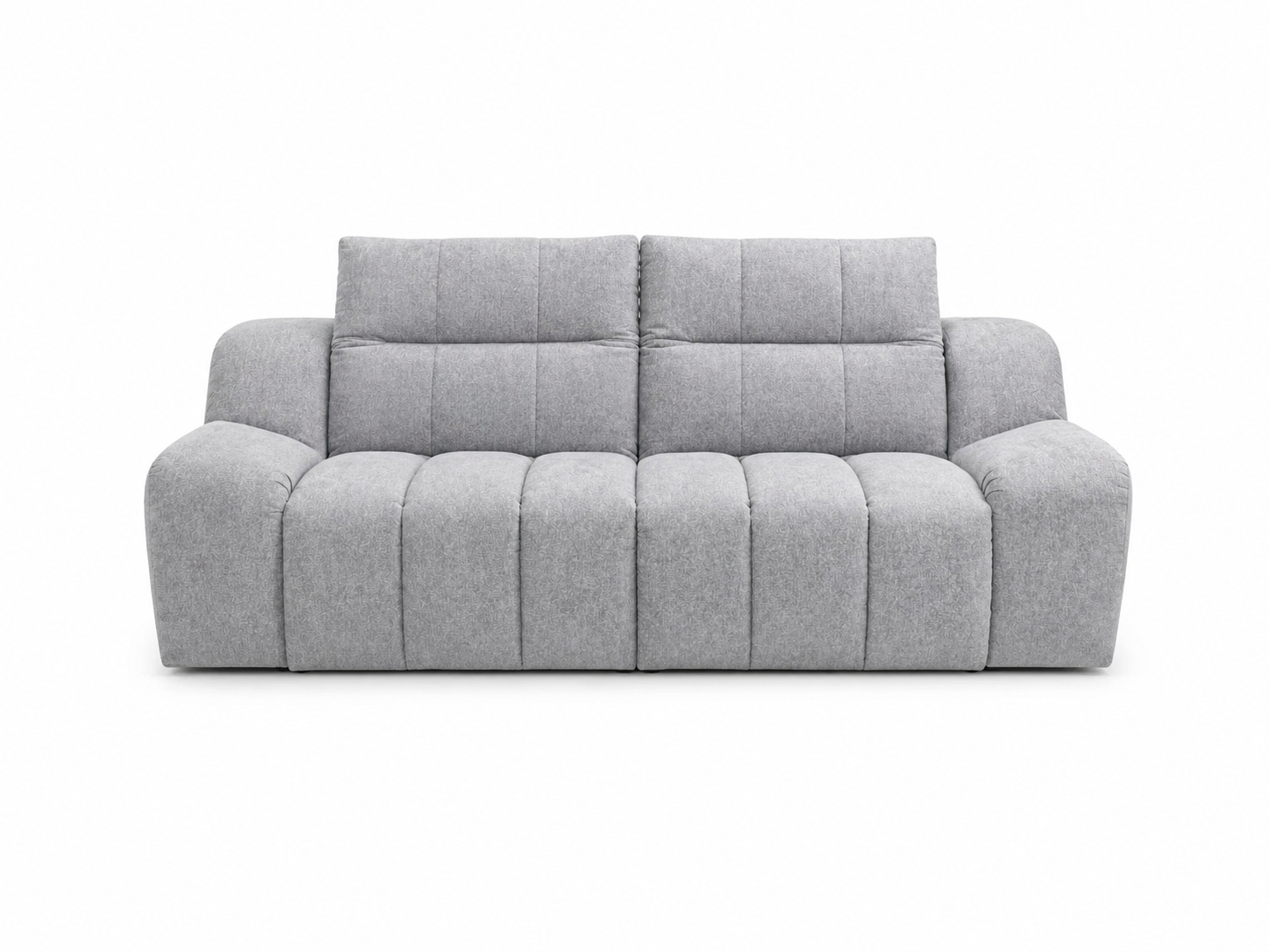 Divano moderno imbottito di colore grigio su sfondo bianco.