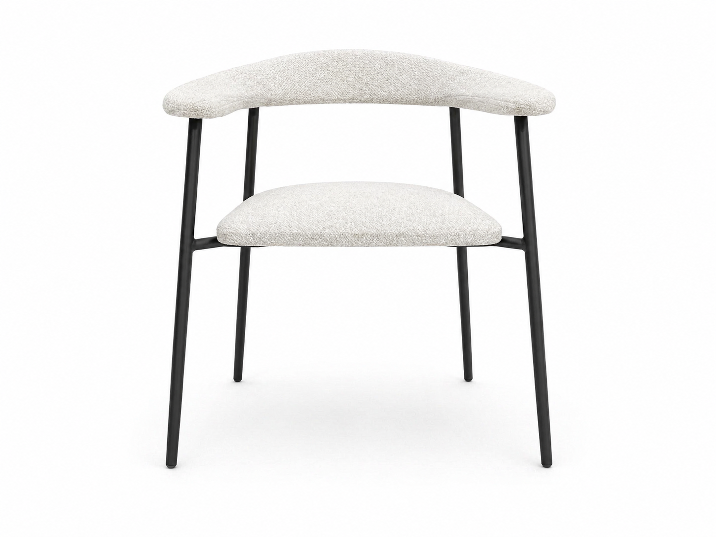 Sedia moderna in metallo nero con due cuscini imbottiti grigio chiaro su sfondo bianco.