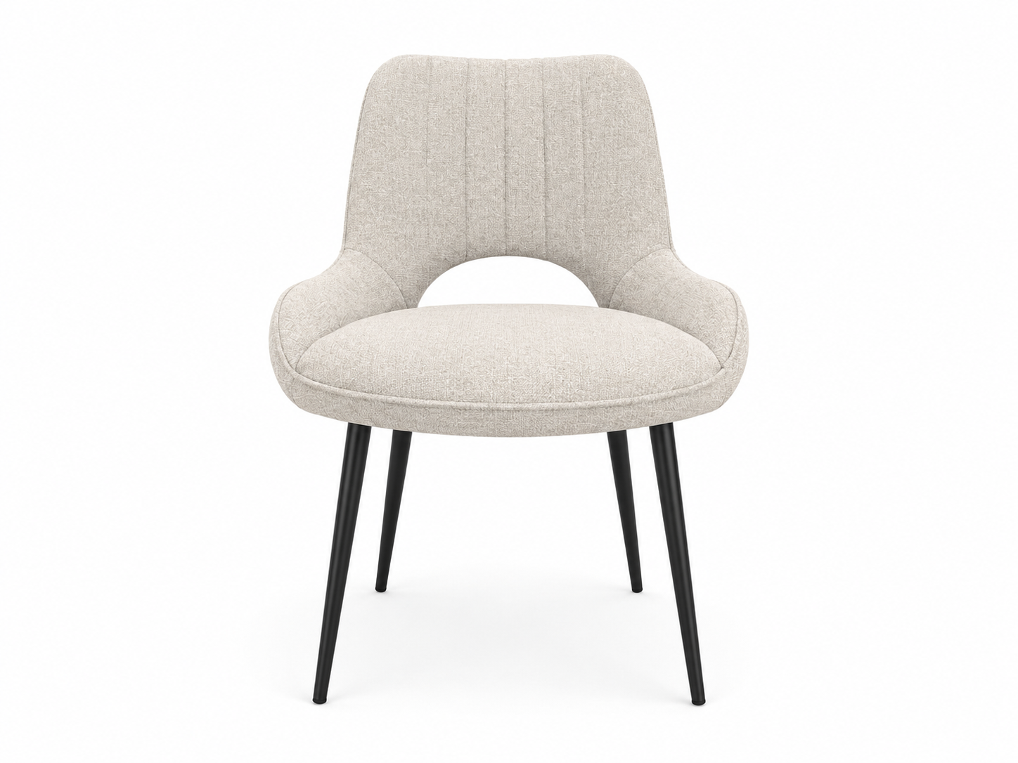 Sedia da pranzo imbottita beige con gambe nere e schienale aperto