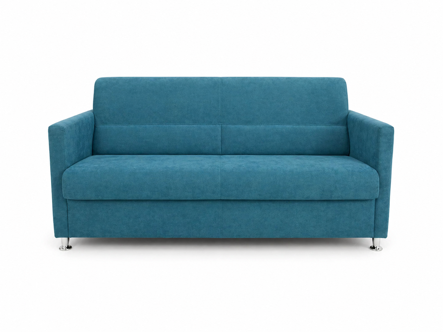 Divano imbottito blu con gambe in metallo su sfondo bianco
