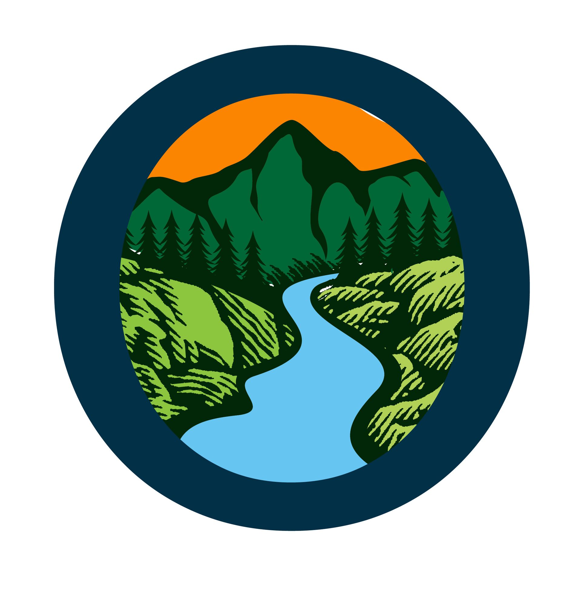A river flowing through a valley with mountains in the background