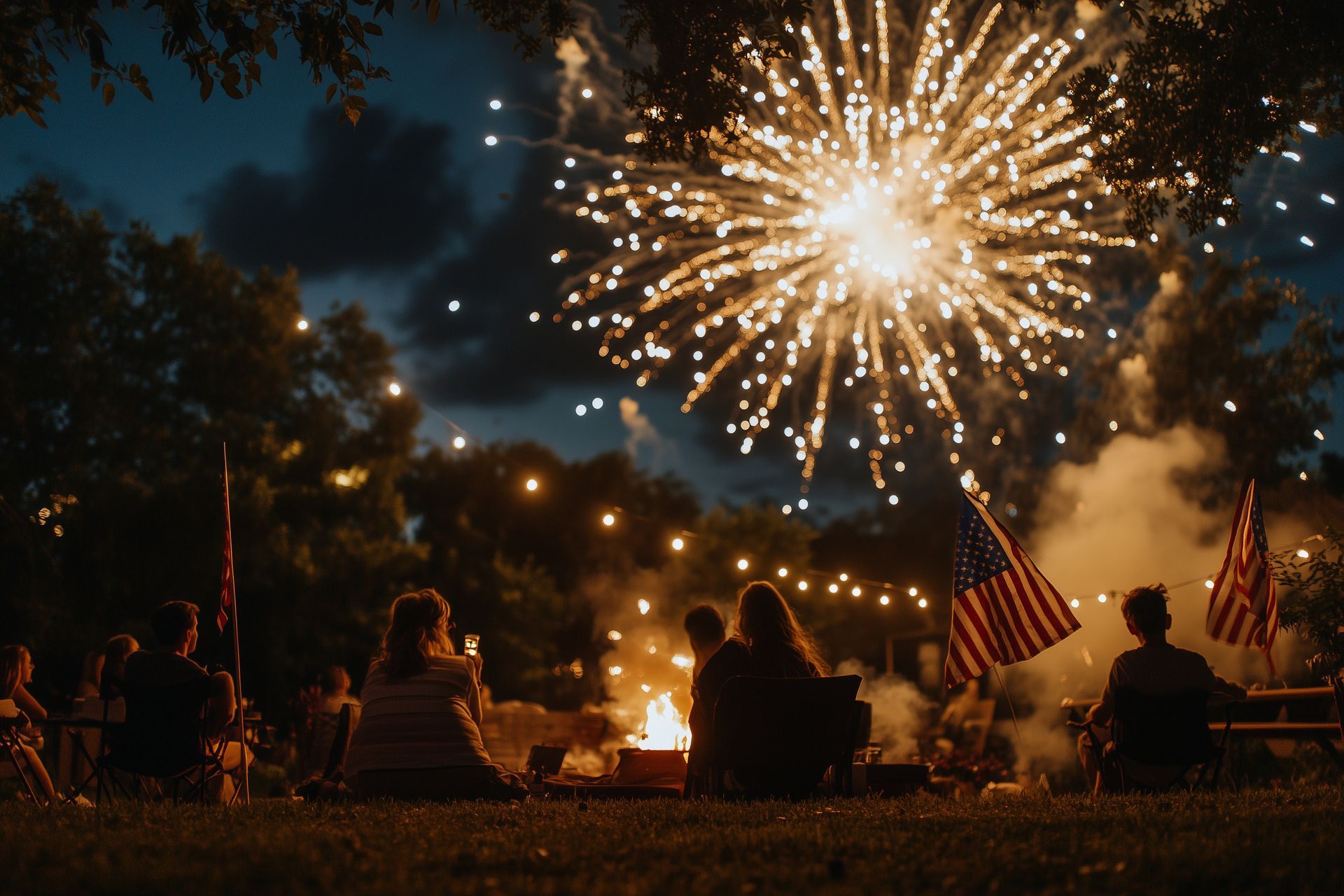 A group of people are sitting in front of a fire pit watching fireworks.