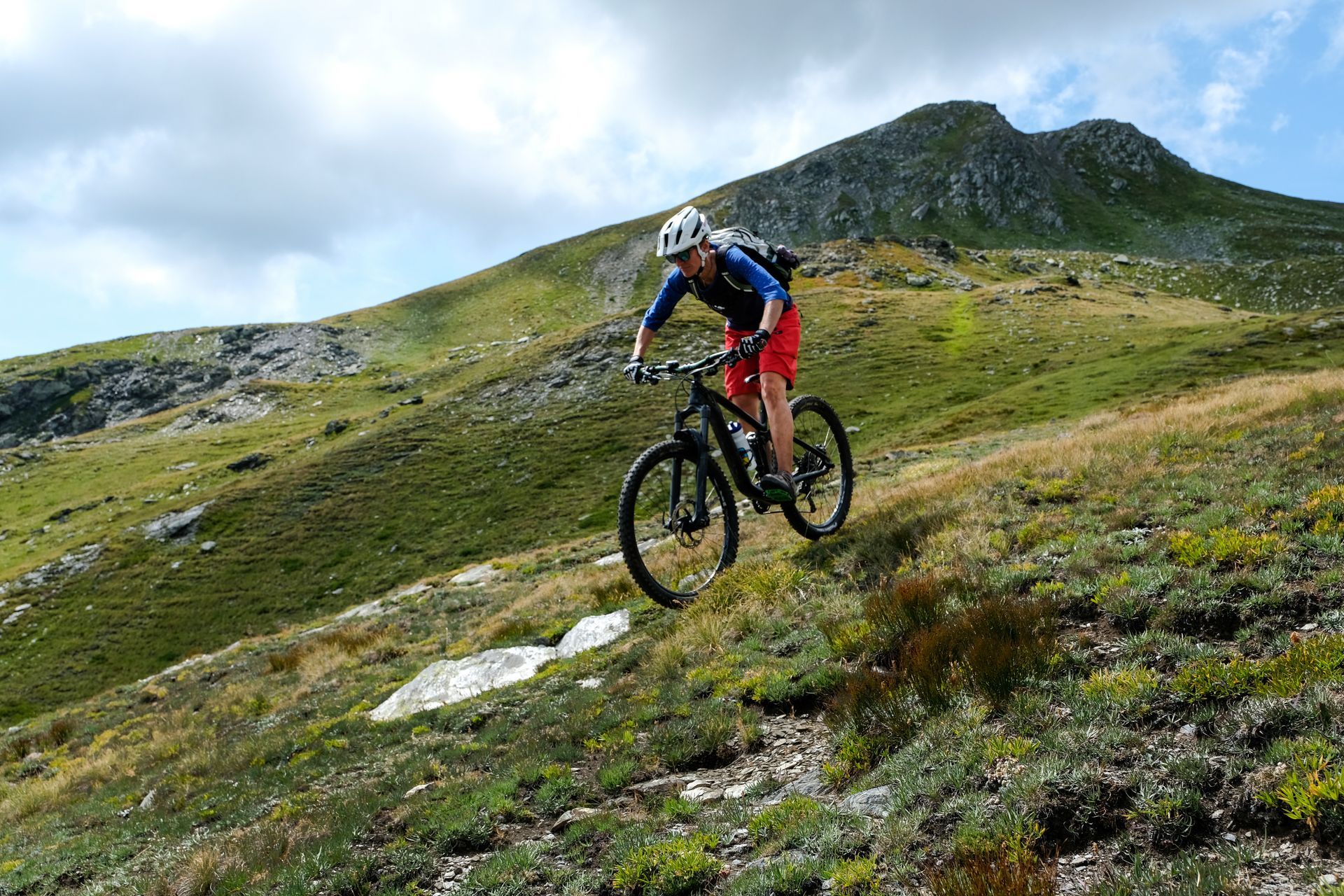A man is riding a mountain bike down a grassy hill.