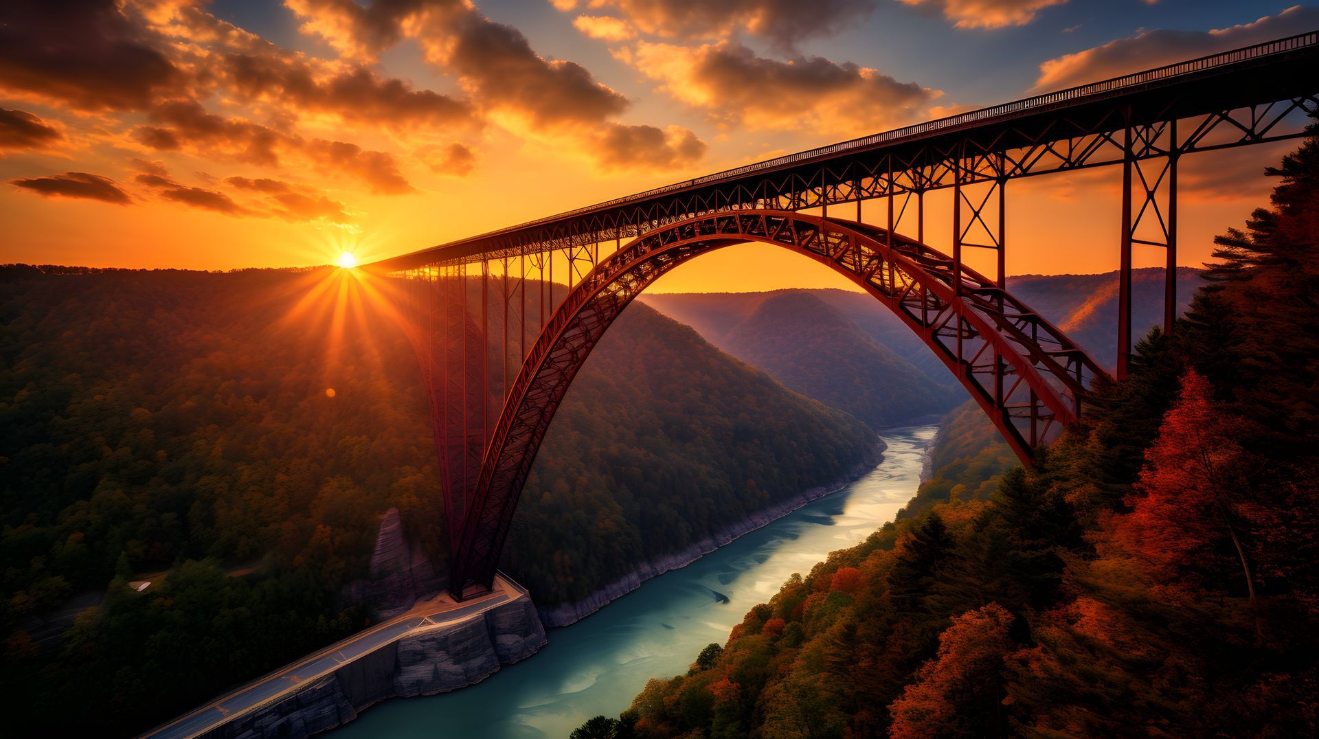A bridge over a river at sunset with the sun shining through the clouds.