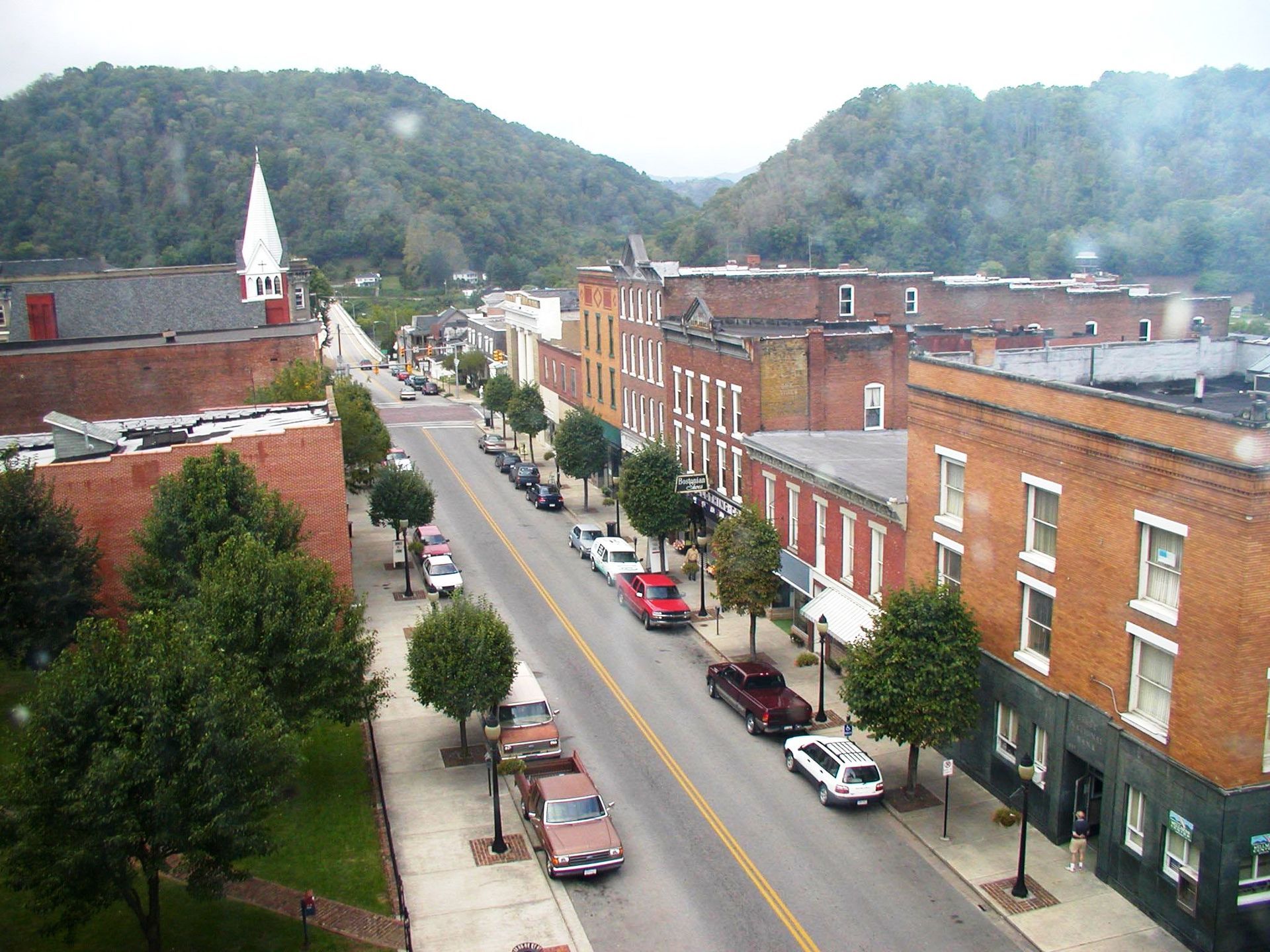 An aerial view of a street in a small town