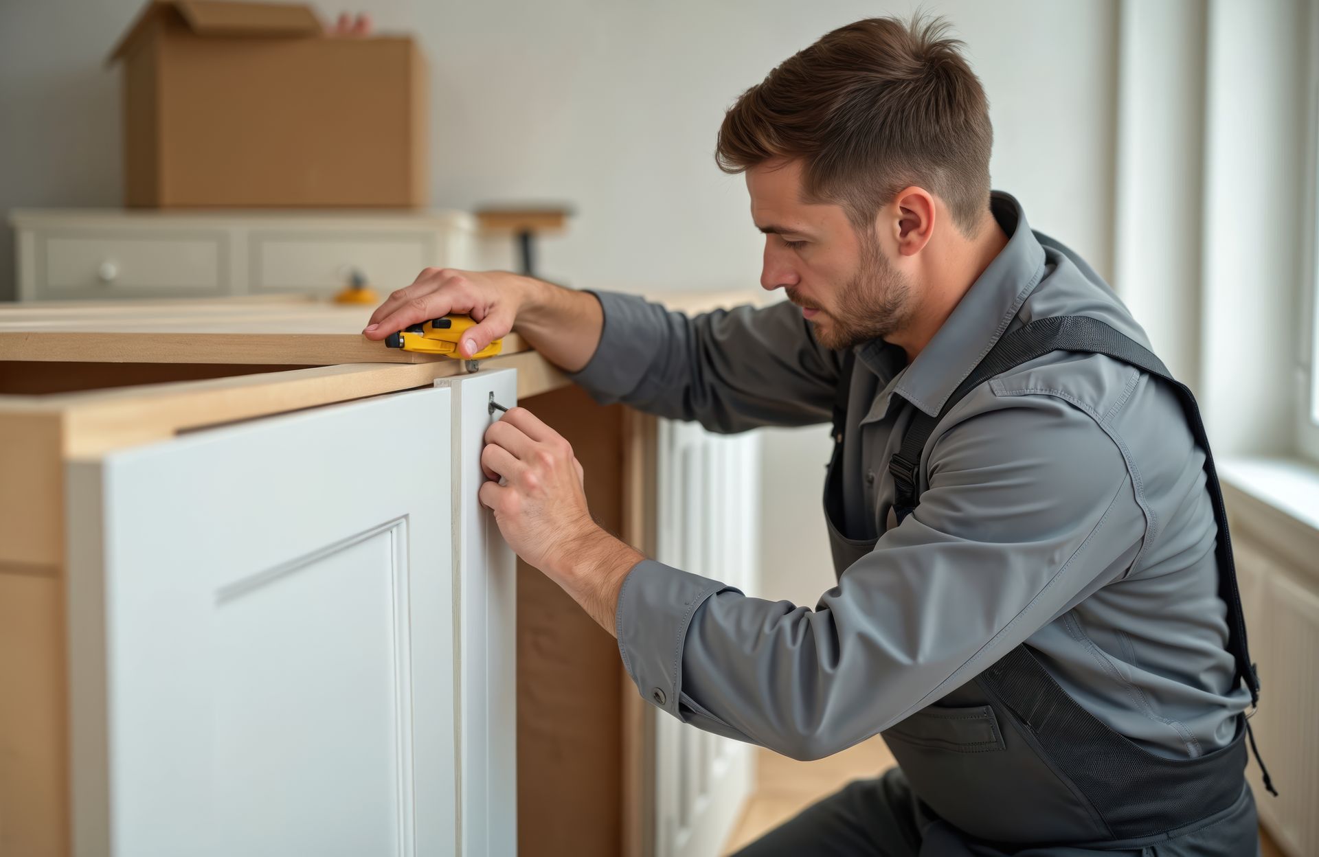 Worker installing a cabinet door using a screwdriver and measuring tool.