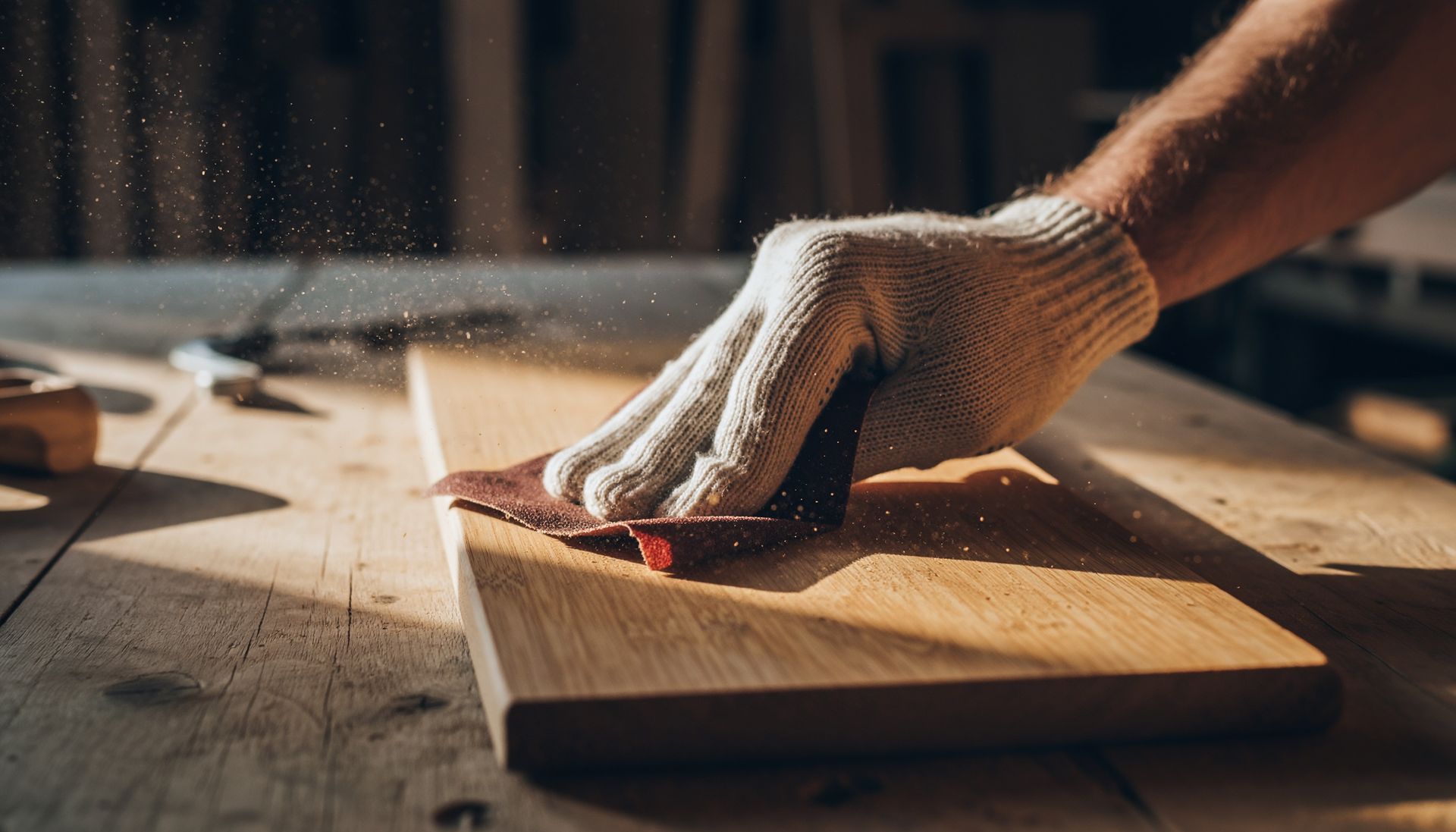 Professional cabinet makers manually sanding a smooth wooden plank for a custom furniture project.