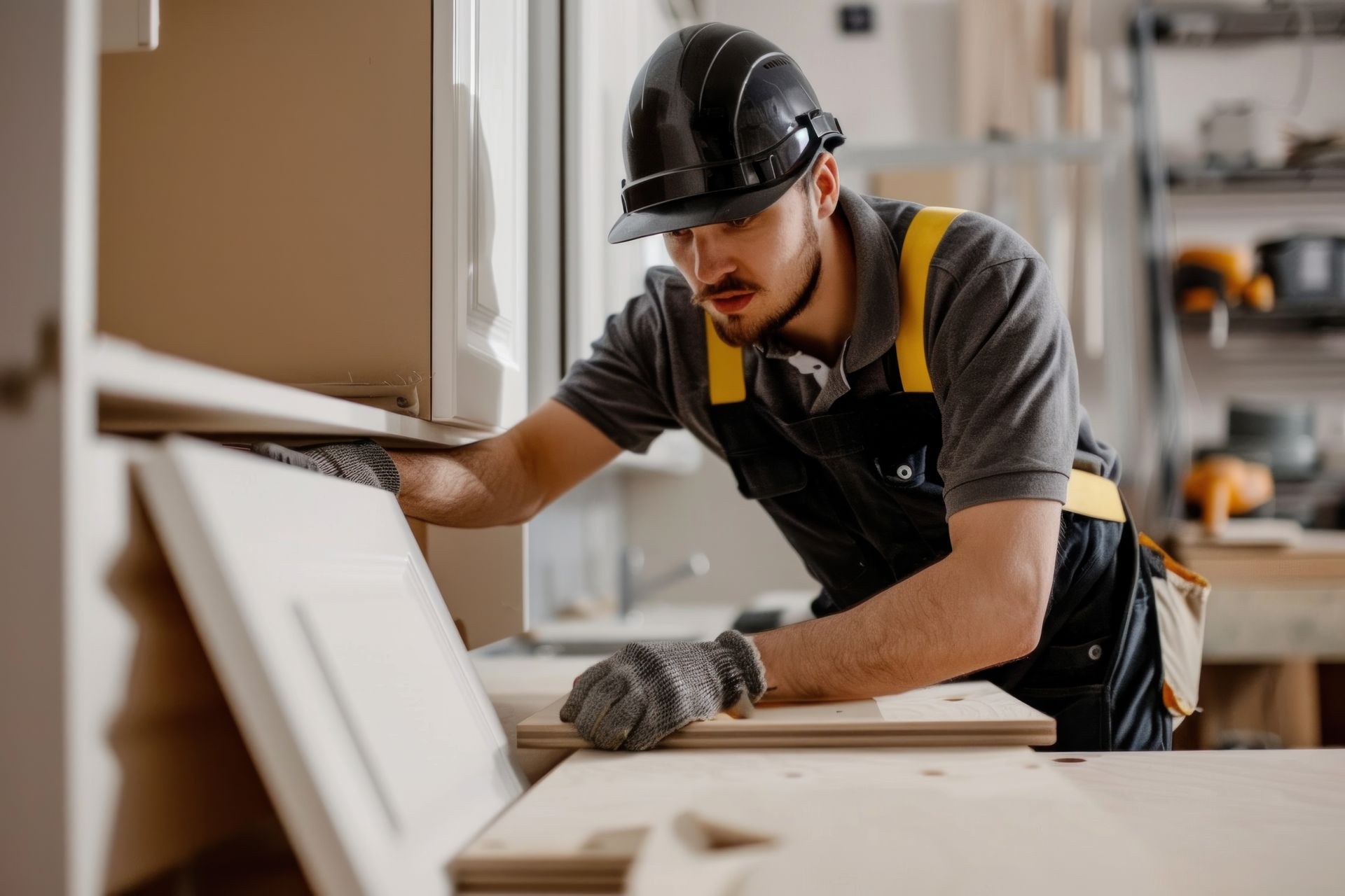 Carpenter wearing safety gear measuring and fitting wooden panels.