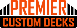 Logo for "Premier Custom Decks" with orange text on a black background, featuring stylized vertical bars on the sides.