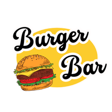 A logo for a burger bar with a hamburger on a yellow background.