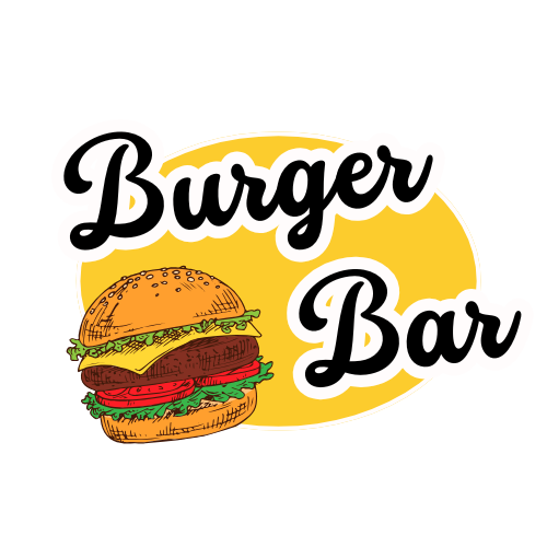 A logo for a burger bar with a hamburger on a yellow background.
