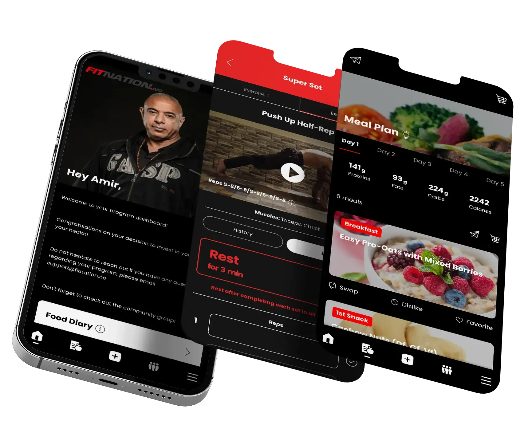 Three mobile phones showcasing a fitness app with workout videos, meal plans, and a trainer's profile.
