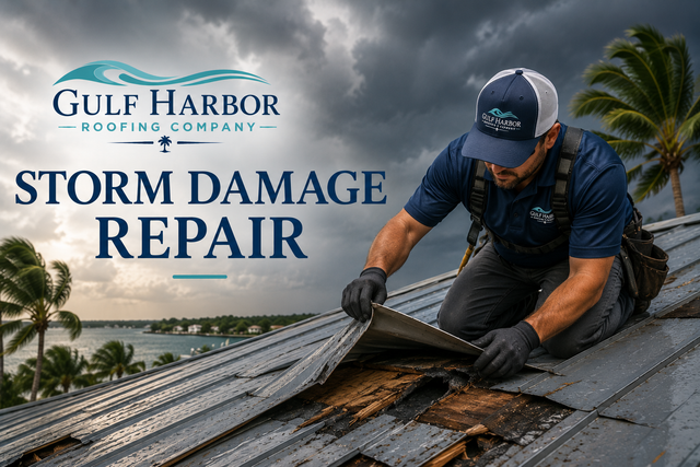 Storm damage roof repair after a hurricane in coastal Florida