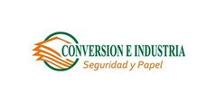 Logotipo de Conversion E Industria con un círculo verde y un icono de pila de papel naranja