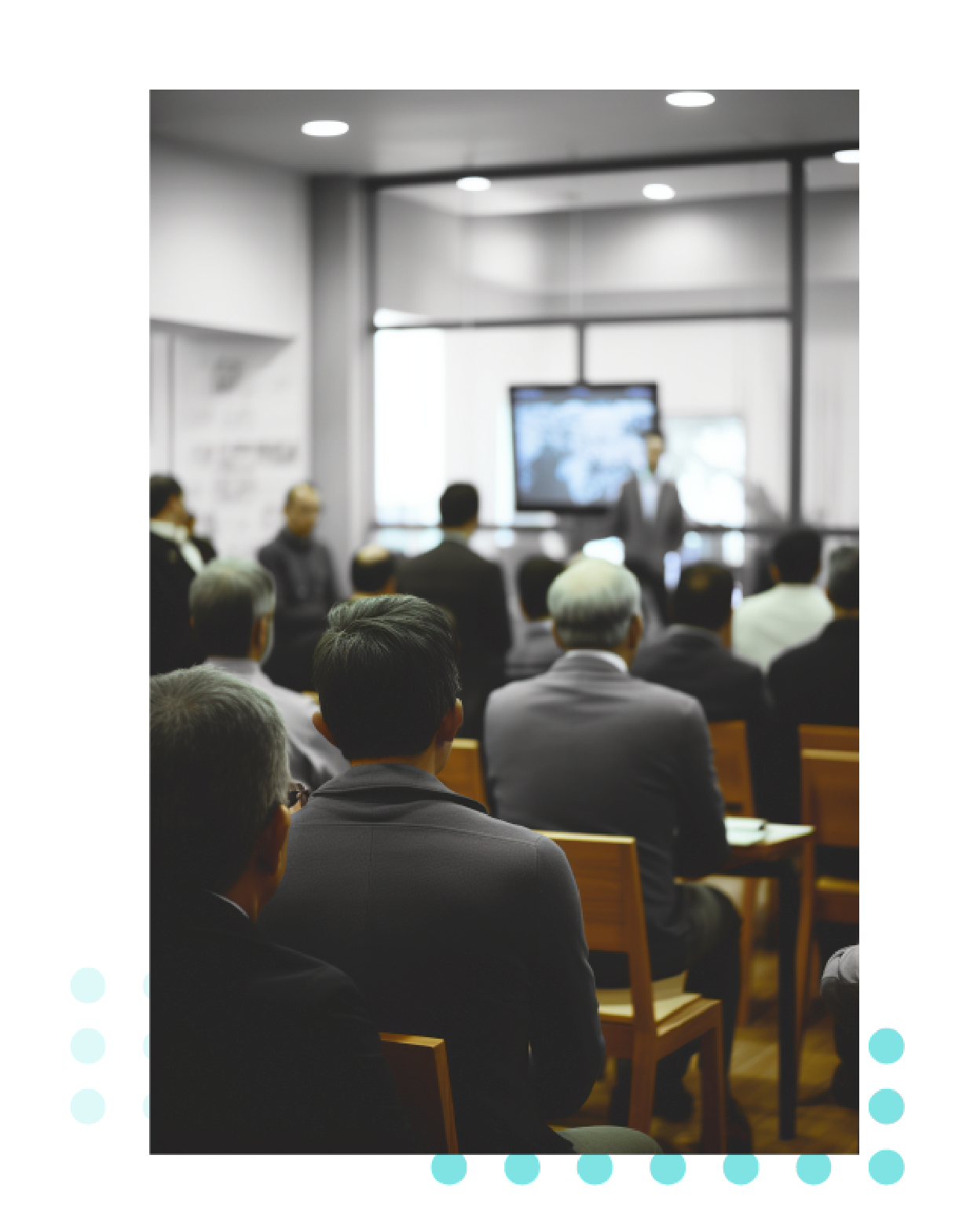 Público sentado en sillas viendo una presentación en una sala de conferencias profesional.