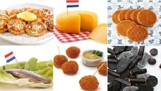 Verschillende typisch nederlandse lekkernijen zoals poffertjes kaas stroopwafels haring bitterballen en drop