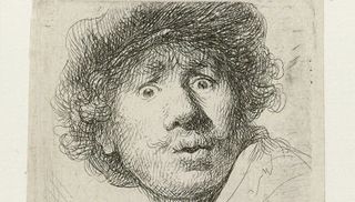 Een zelfportret ets van Rembrandt van Rijn met baret, wijd open ogen en open mond