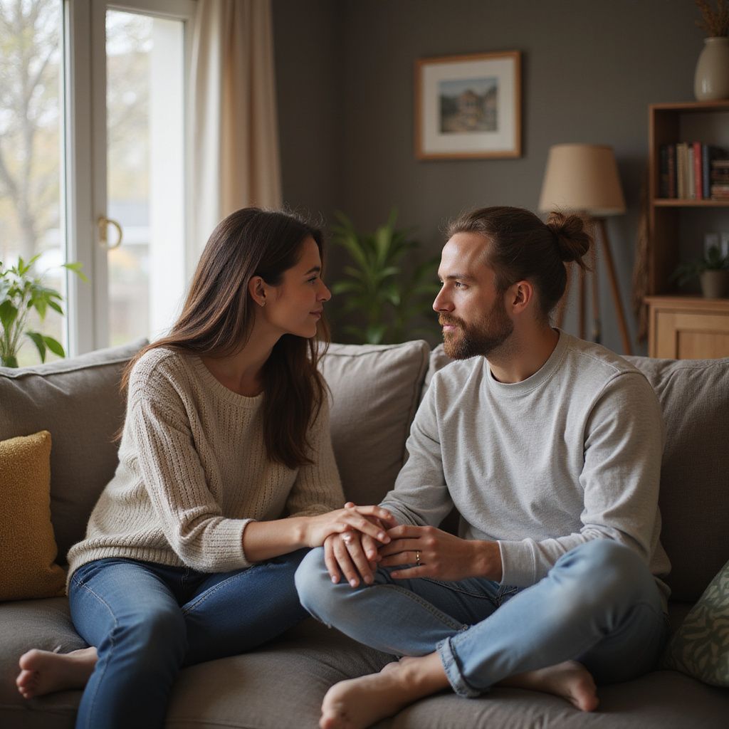 Couple sitting on a sofa, looking at each other and holding hands in a living room.