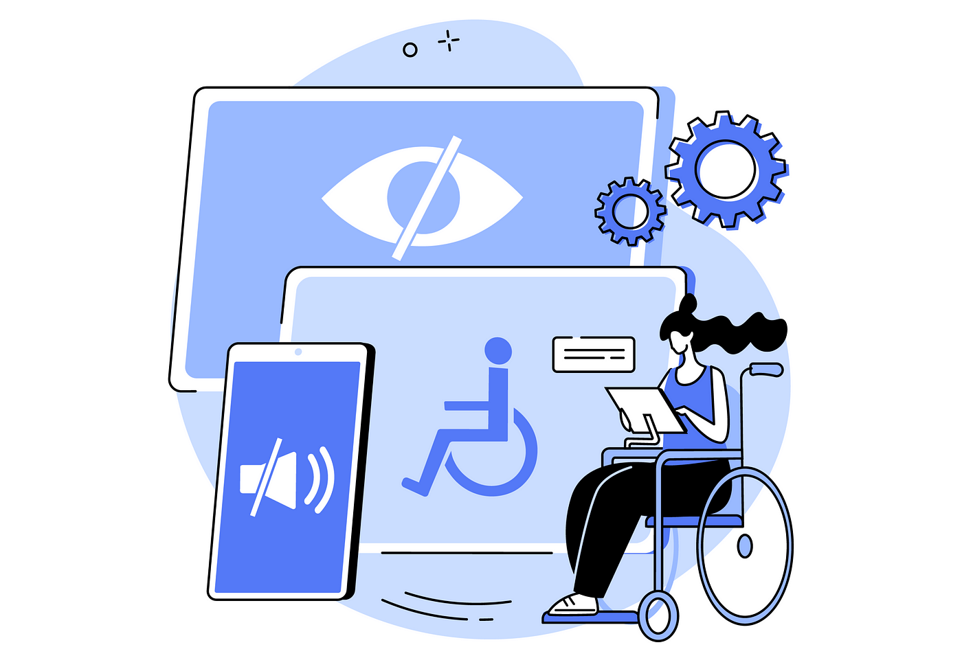 Woman in wheelchair using tablet, with assistive technology icons like screen reader, and visual impairments.