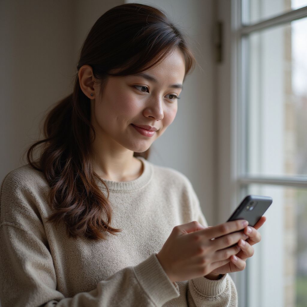 Woman with dark hair in a beige sweater looks at her phone near a window, smiling.