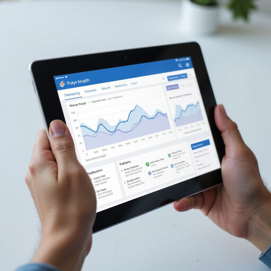 Person holding a tablet displaying a data analytics dashboard with line graphs and charts, indoors.