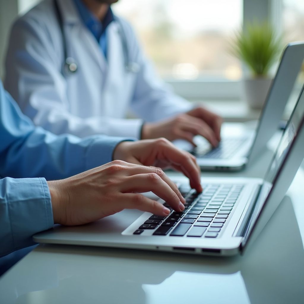Two healthcare professionals typing on laptops at a desk. One wears a lab coat, the other, scrubs.