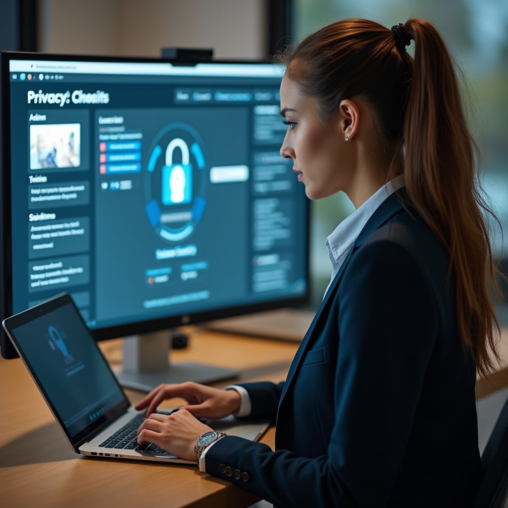Woman in a suit using a laptop and monitor, both displaying cybersecurity data with a lock symbol.