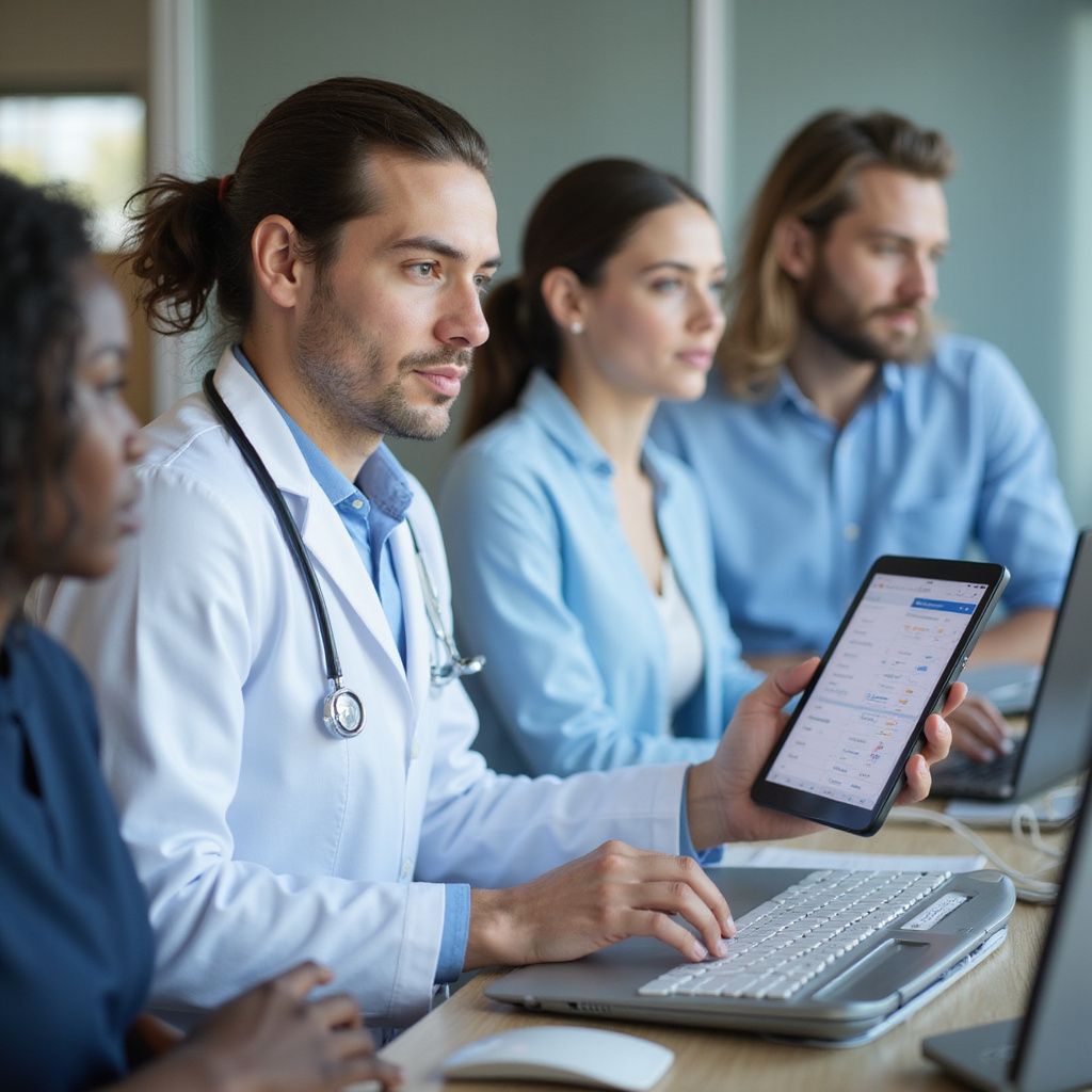 Medical professionals collaborating around laptops and a tablet, indoors.