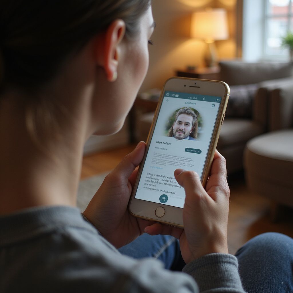 Woman holding a smartphone, looking at a dating app profile, sitting indoors.