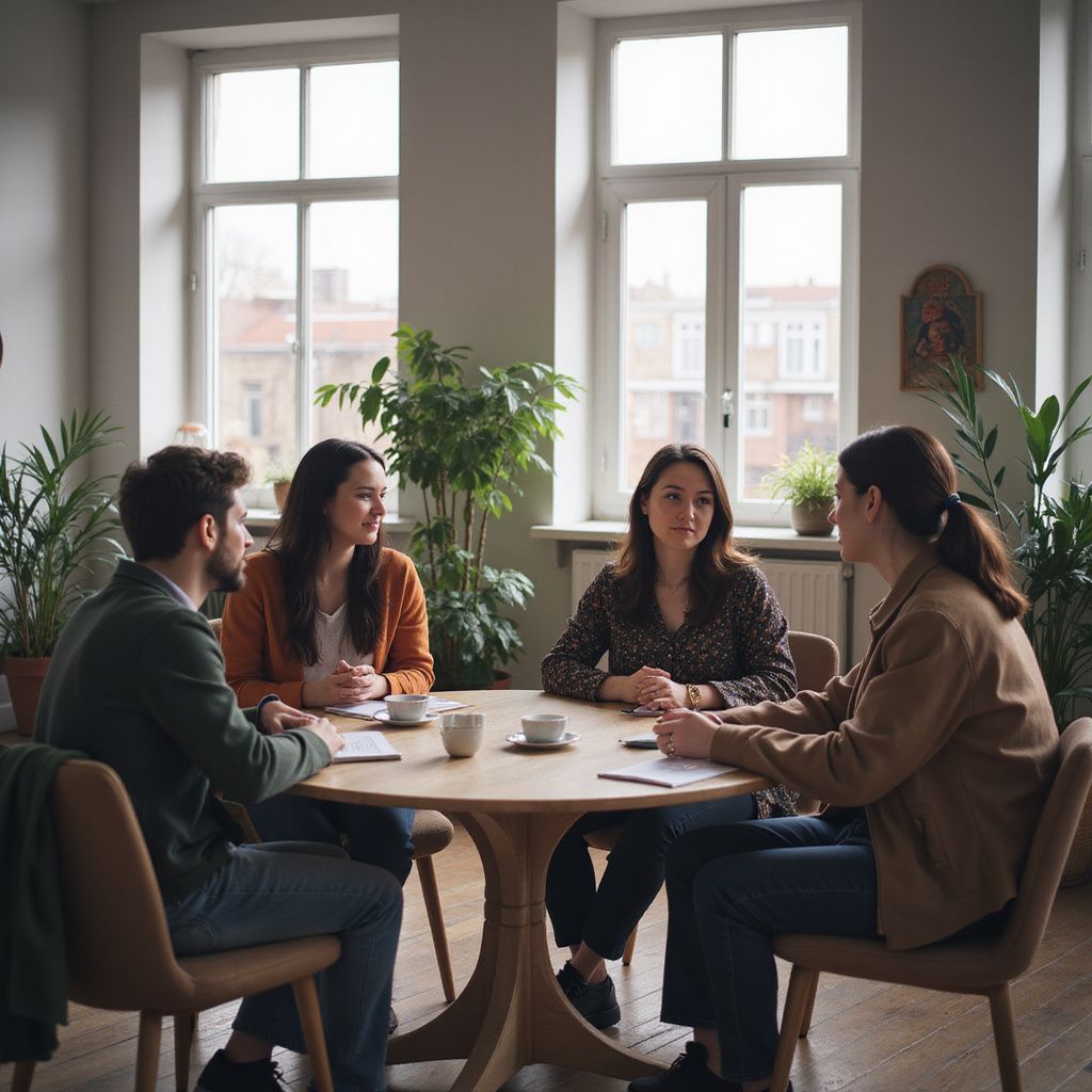 Four people seated at a round table in a bright room, engaged in a discussion.
