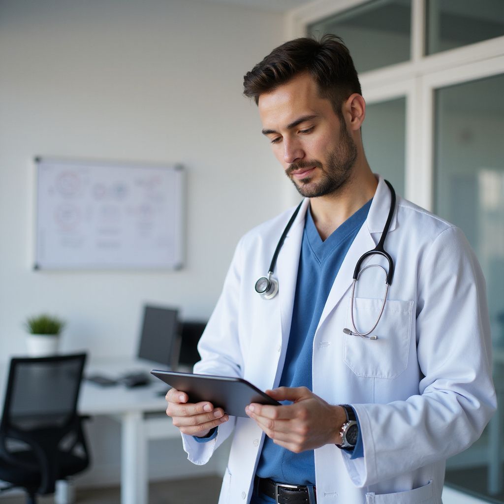 Male doctor in lab coat, looking at a tablet in an office setting.