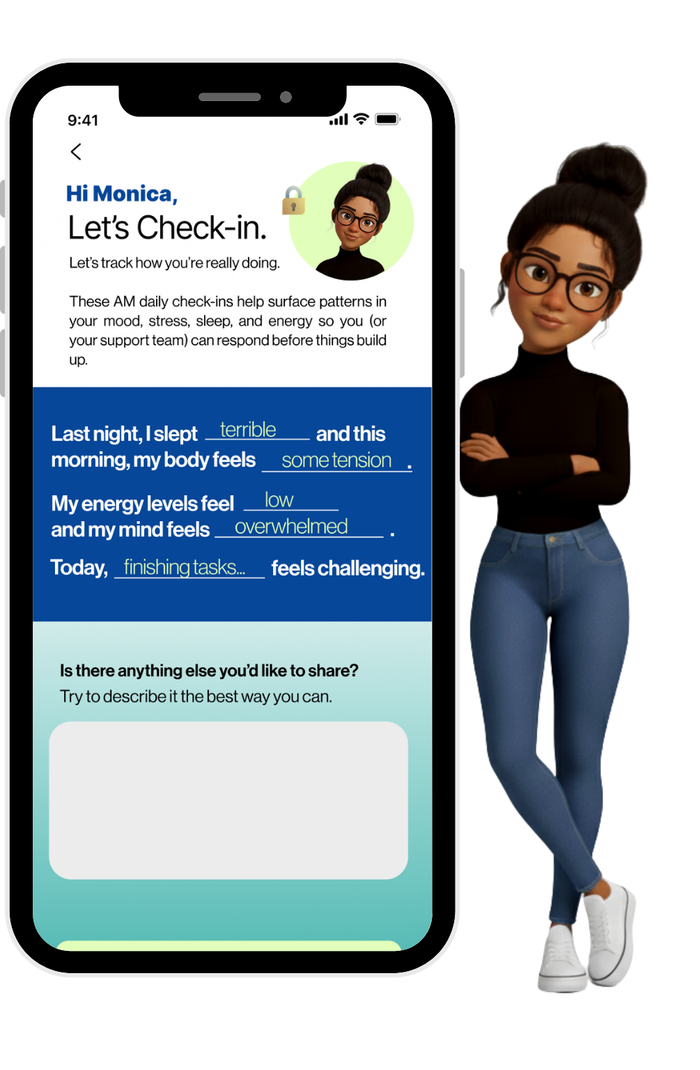 Woman with glasses beside a phone displaying a 