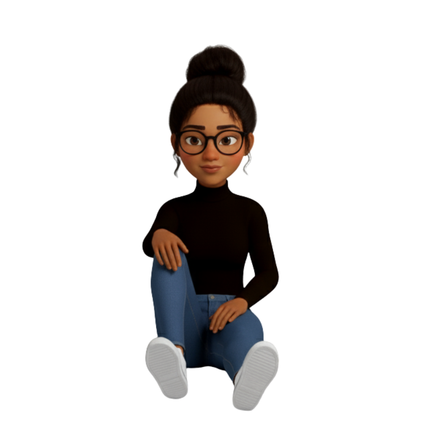 Animated woman with bun, glasses, black turtleneck, jeans, sitting.