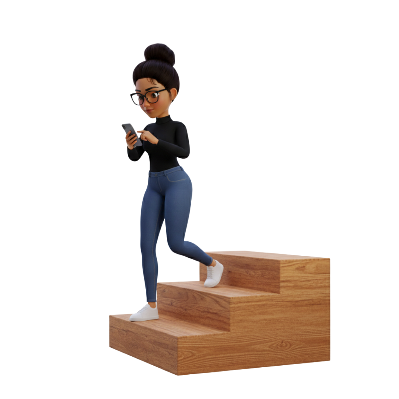 Woman with glasses and a phone descends wooden stairs.