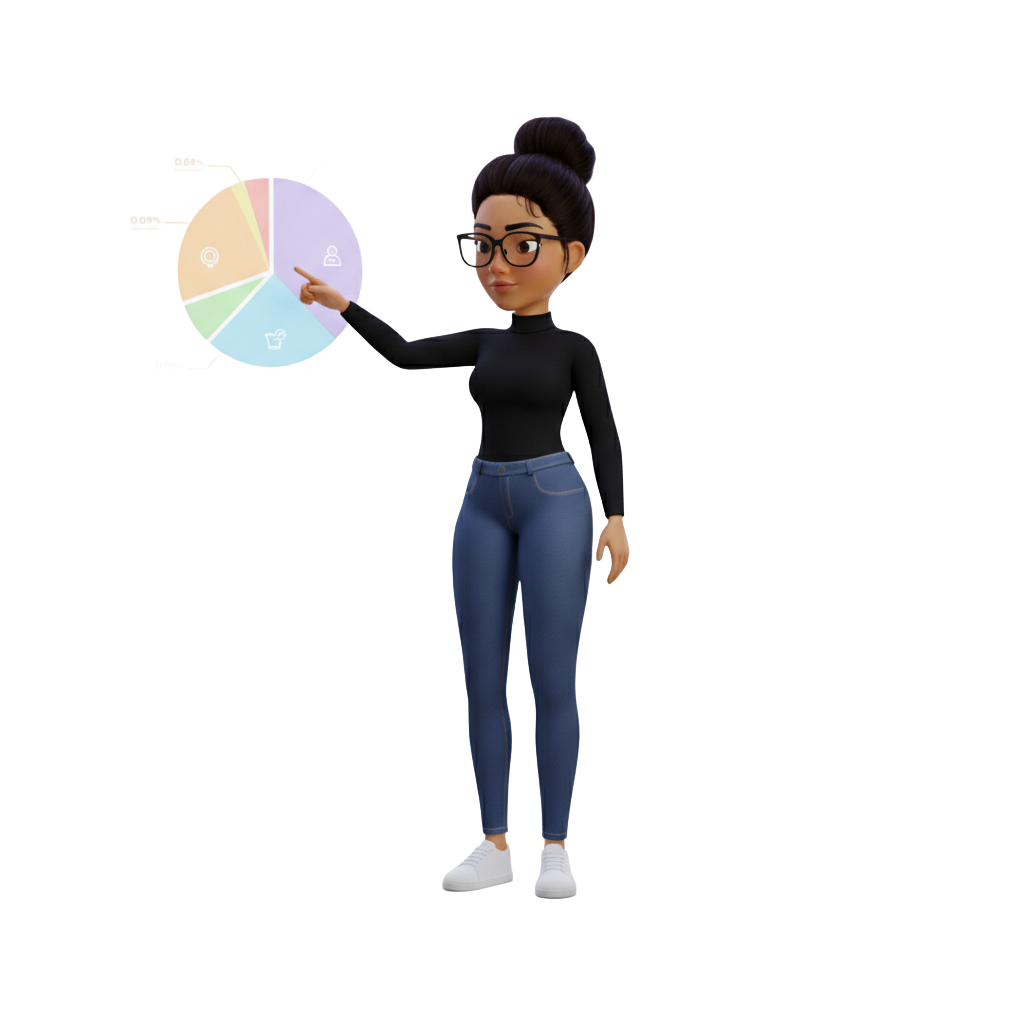 Woman in glasses pointing at a pie chart, dressed in black turtleneck and jeans.