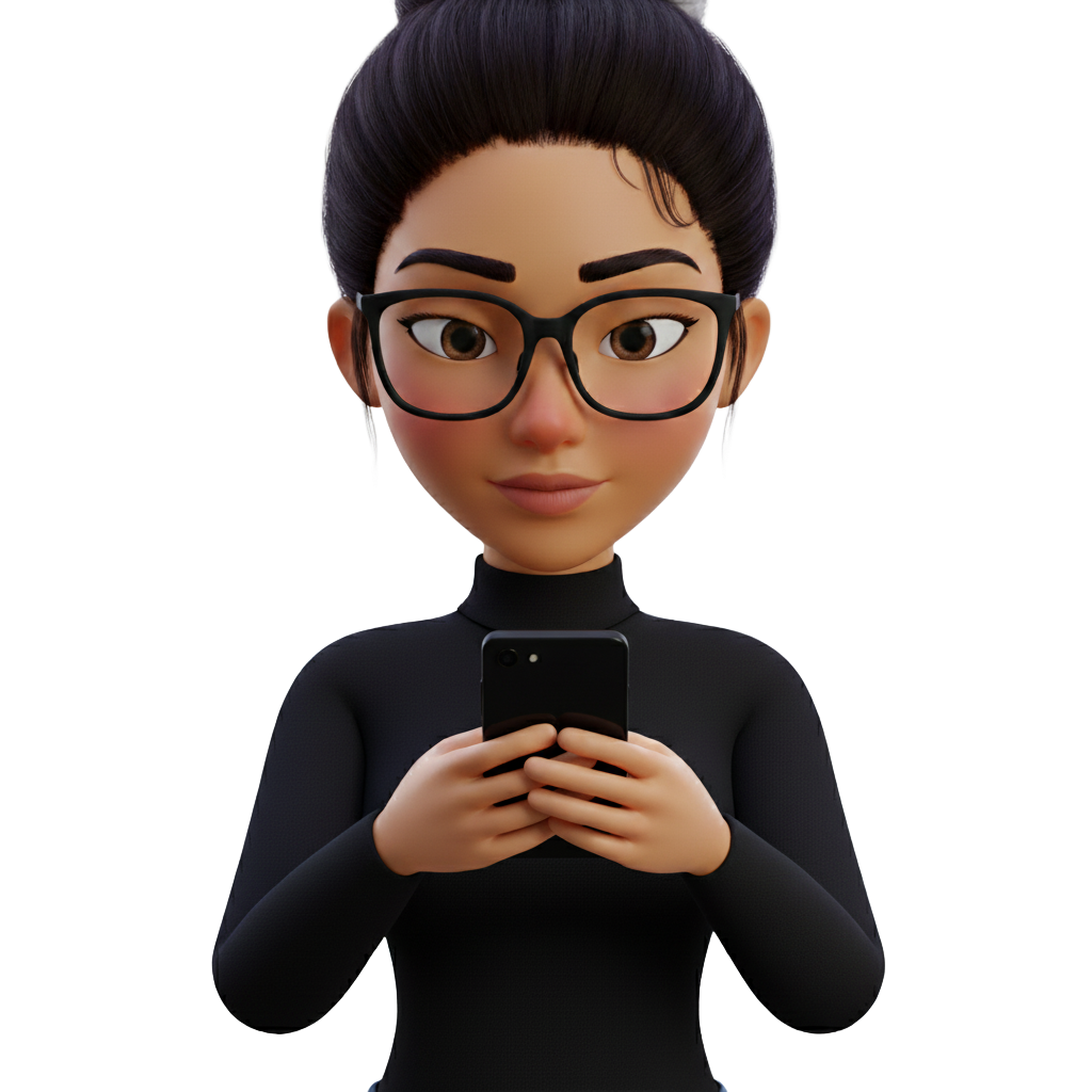 Cartoon woman with glasses, black turtleneck, looking at her phone.